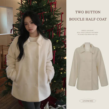 Innocent Date Look, Pure Boucle Shearling Two-Button Collar Double Cream White Half Coat
