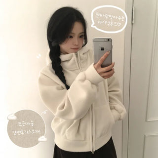 Cute Avant-garde Fit, Thick High-Neck Two-Way Avant-garde Loose Fit Fleece Daily Winter Zip-Up Hoodie