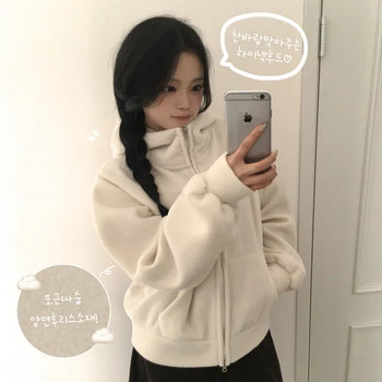 Cute Avant-garde Fit, Thick High-Neck Two-Way Avant-garde Loose Fit Fleece Daily Winter Zip-Up Hoodie