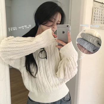 Avant-top Fit Covering Back of Hand, Daily Round Neck Cable Knit Avant-top Loose Fit Thick Wool Cashmere Winter Long Sleeve Knit