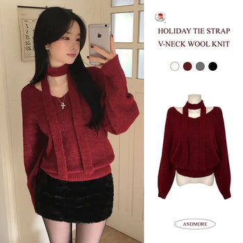 Innocent Date Look, Soft Wool Choker Tie Scarf V-neck Cinched Waist Delicate Avant-garde Loose Fit Thick Long Sleeve Knit
