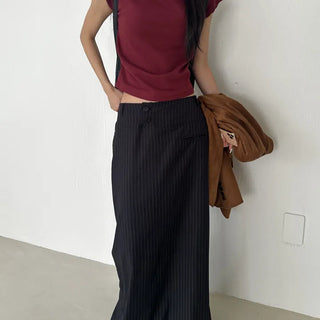 Reet Two-Button Stripe Plain Button Cut Maxi Skirt