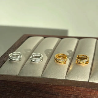 Cubic Cross Line One-Touch Ring Silver Earrings