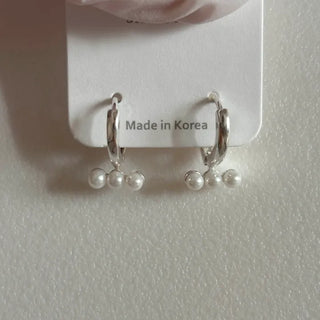 Triple Pearl One-Touch Ring Silver Earrings