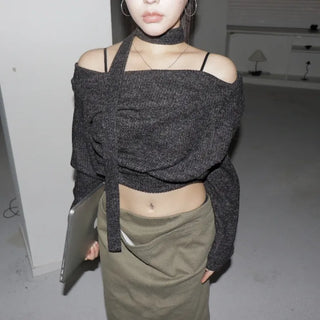 SOFTY Scarf Draped Ribbed Off-Shoulder