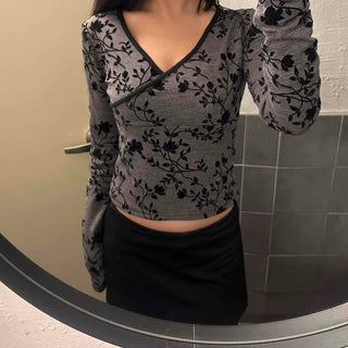 Romantic Flower Pattern See-through Slim Crop Long Sleeve Top