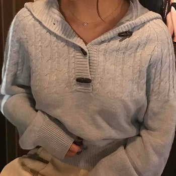 Button Detail Cable Pattern Hooded Knit T-shirt