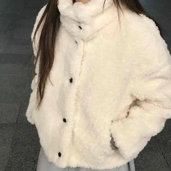 Placket Button Sherpa Fur Turtleneck Boxy Jacket