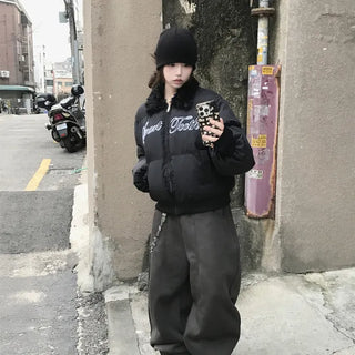 Eris Hip Girl Collar Fur Lettering Embroidery Short Padded Jacket