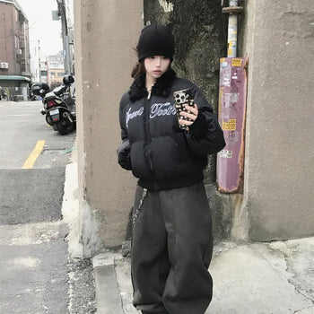 Eris Hip Girl Collar Fur Lettering Embroidery Short Padded Jacket