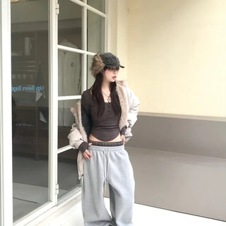 Corinne Hip Girl Daily Deep U-Neck Button Rounded Long Sleeve Tee (3 colors)