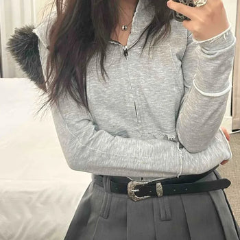 Grey Fur Hooded Jacket with Damaged Frayed Zip-up