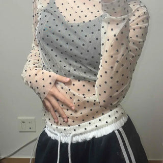 Shirred Frill Dot Mesh Boat Neck Long Sleeve Tee