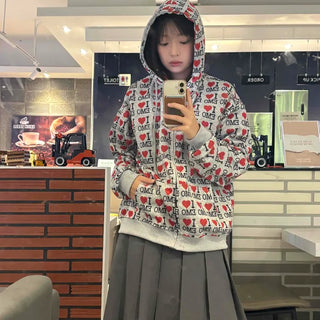 Bear Pattern Pocket Loose Fit Zip-Up Hoodie