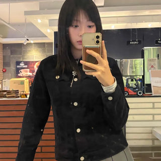 Brooch Button Crop Black Denim Jacket