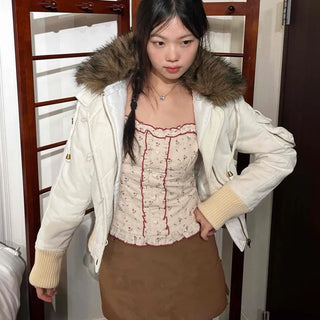Suede Ribbed Shearling Fur Quilted Jacket