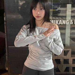 Lettering Embroidered Sporty Slim Off-Shoulder Long Sleeve Tee