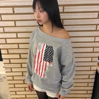 Flag Patch Wide Neck Oversized Fleece-Lined Sweatshirt