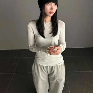 Minimal Spandex Pigment Round Long Sleeve T-shirt