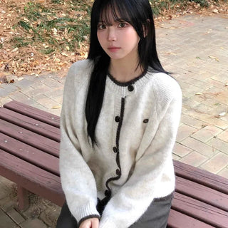 Soft Hairy Color Block Button Loose Cardigan