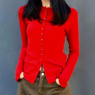 Round Neck Button Ribbed Knit Cardigan