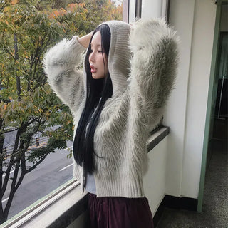 Suzuko Hooded Fur Angora Knit Cardigan