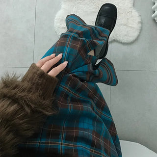 Kotori Check Pintuck Pleated Back Elastic Long Skirt