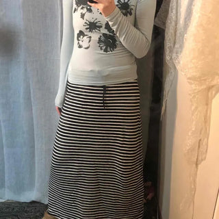 Soft Cotton Striped Elastic A-Line Long Skirt