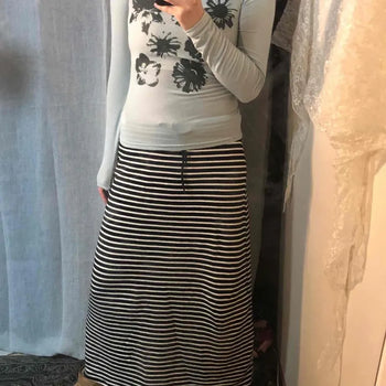 Soft Cotton Striped Elastic A-Line Long Skirt