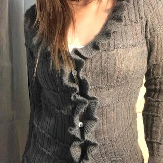 V-neck Frill Slim Fit Knit Cardigan