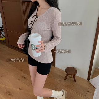 [35% Wool/Delicate Fit] Slimming V-neck Winter Ribbed Knit Long Sleeve Top