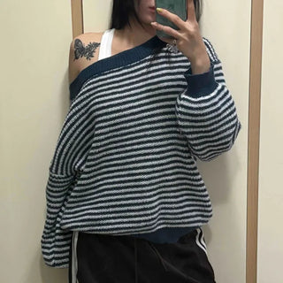 Asymmetrical Neck Balloon Sleeve Striped Knit