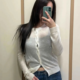 Soft See-through Round Neck Button Knit Cardigan