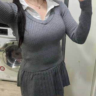 Preppy Layered Knit Pleated Skirt Two-Piece Set