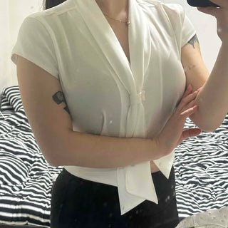 Office Look Tie Ribbon V-Neck Short Sleeve Blouse