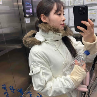 Raccoon Fur Hood Contrast Knit Collar Quilted Jumper