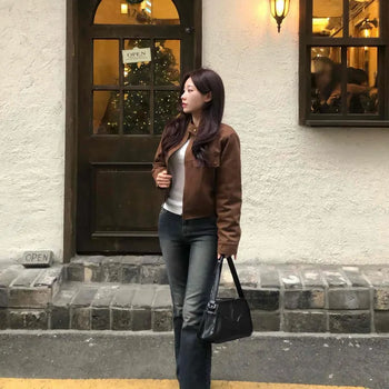 Vintage Suede Rib Crop Bomber Jacket