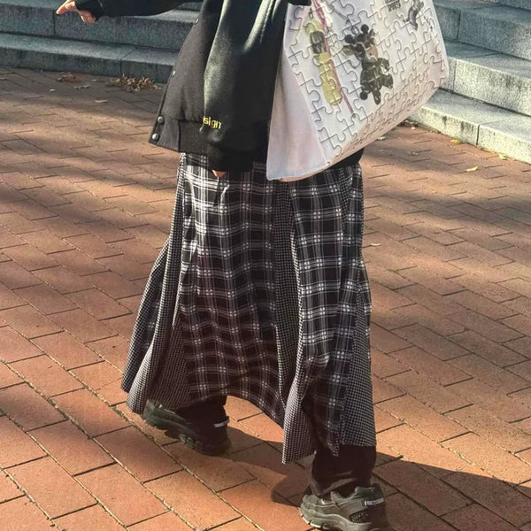 Vintage Mix Check Flare Long Skirt