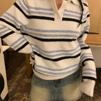 Collar Neck Multi-Stripe Fuzzy Wool Knit