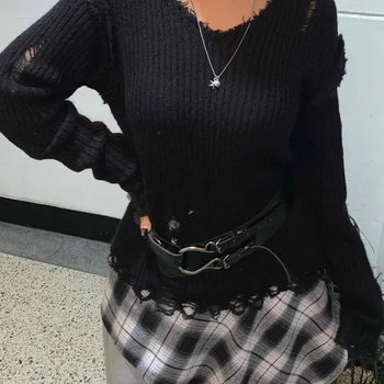 Damaged Detail Wide V-Neck Knit