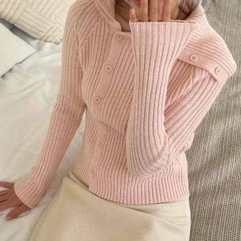 Feminine Asymmetrical Folding Neck Button Knit