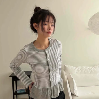 Frill Stripe Crop Slim Fit Knit Cardigan