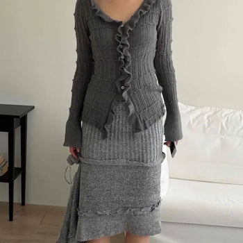 Frill-trimmed rose knit midi skirt