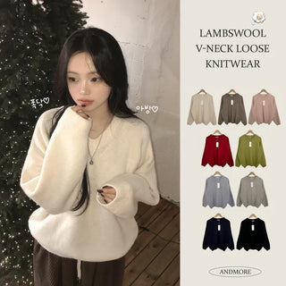 A knit must-have, amazing colors Lambswool Plain V-neck Avant-garde Loose Fit Long Sleeve Knit