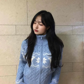 Nordic Jacquard Short High-Neck Zip-Up Knit