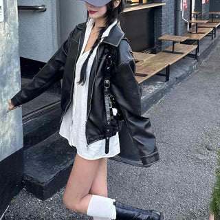 Moto Style Multi-Pocket Hooded Leather Jacket