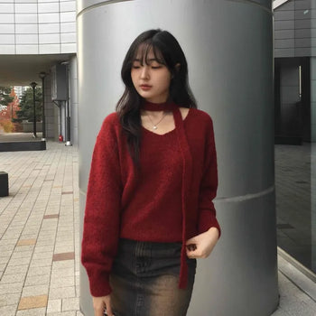 Soft Texture Loose V-Neck Choker Set Knit