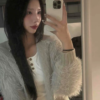 Fuzzy Faux Fur Knit Collar Loose Fit Cardigan