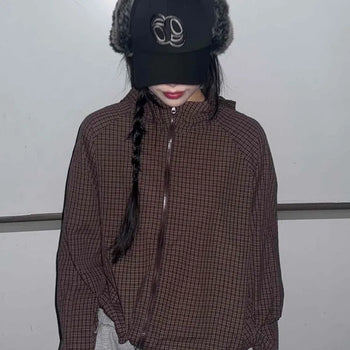 Vintage Tartan Check Half Zip Hooded Anorak Windbreaker