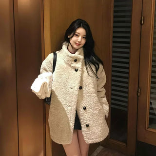 Button Shawl Collar Midi Fleece Shearling Coat